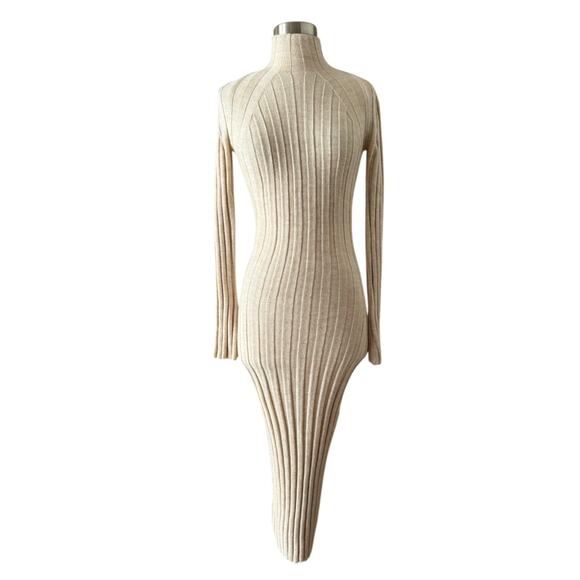 Anine Bing Shawn Ribbed Knit Midi Dress Sweater Wool Long Sleeve Oatmeal XS EUC - Picture 10 of 10